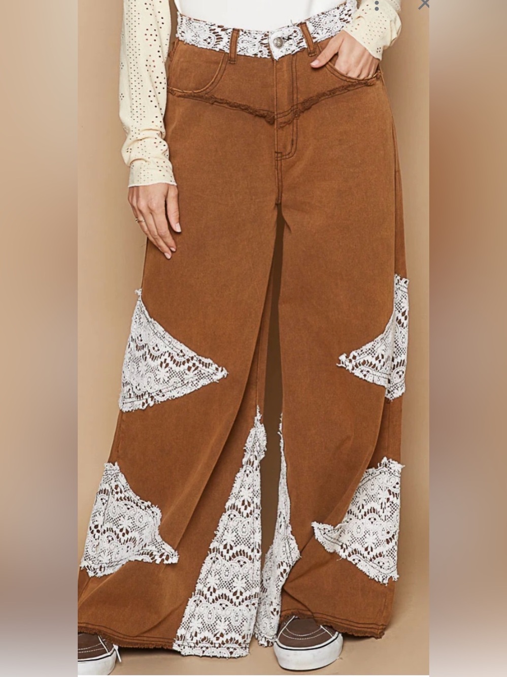 60🌟 POL Vintage Washed Jeans with Crochet Patches in Rustic Brown